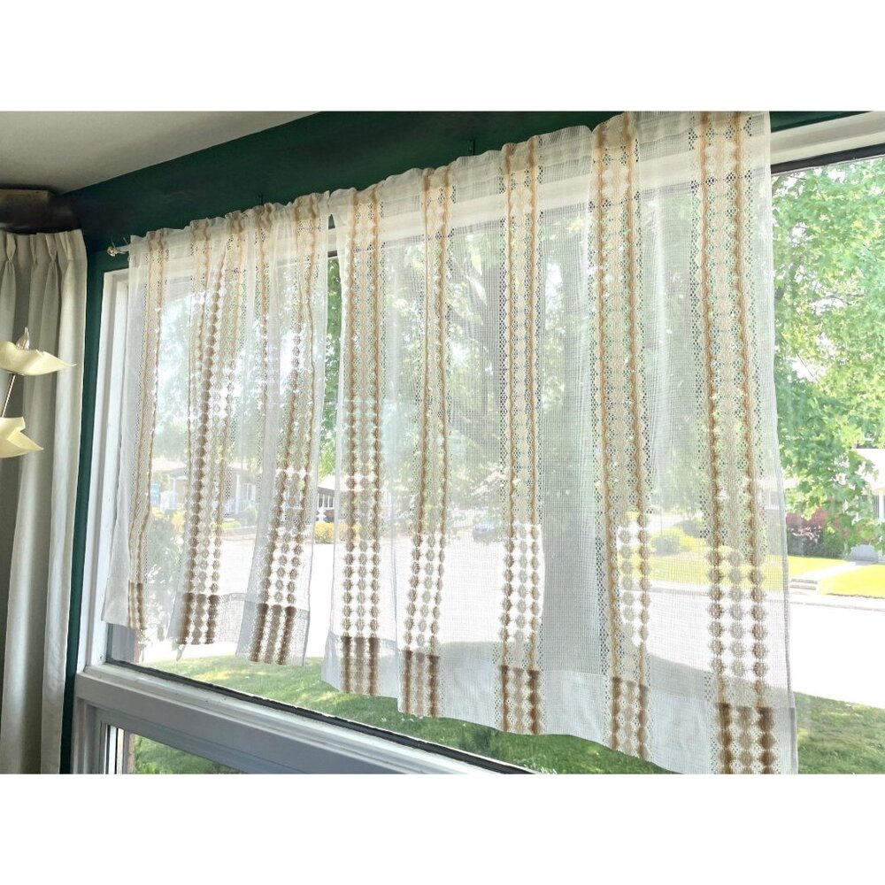Vintage 70s curtains, white and tan stripes, net sheer, pair of panels